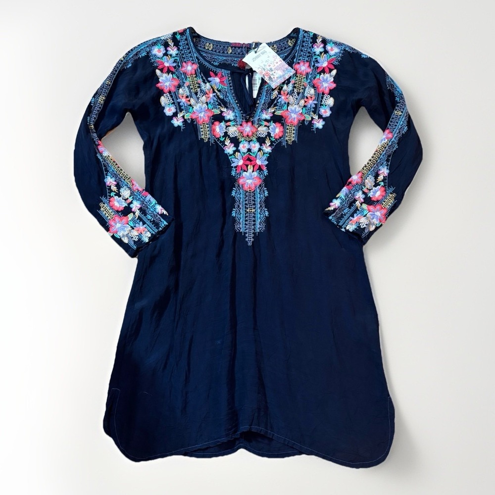 Johnny Was Tanyah Dress Embroidered Navy Blue‎ Boho  Size XS Oversized MSRP $290